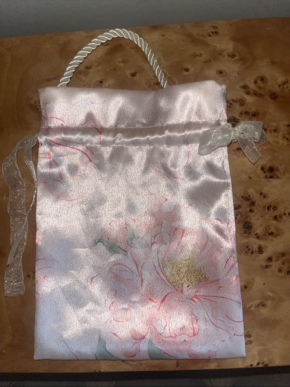 Floral Satin Drawstring phone pouch in Light Pink